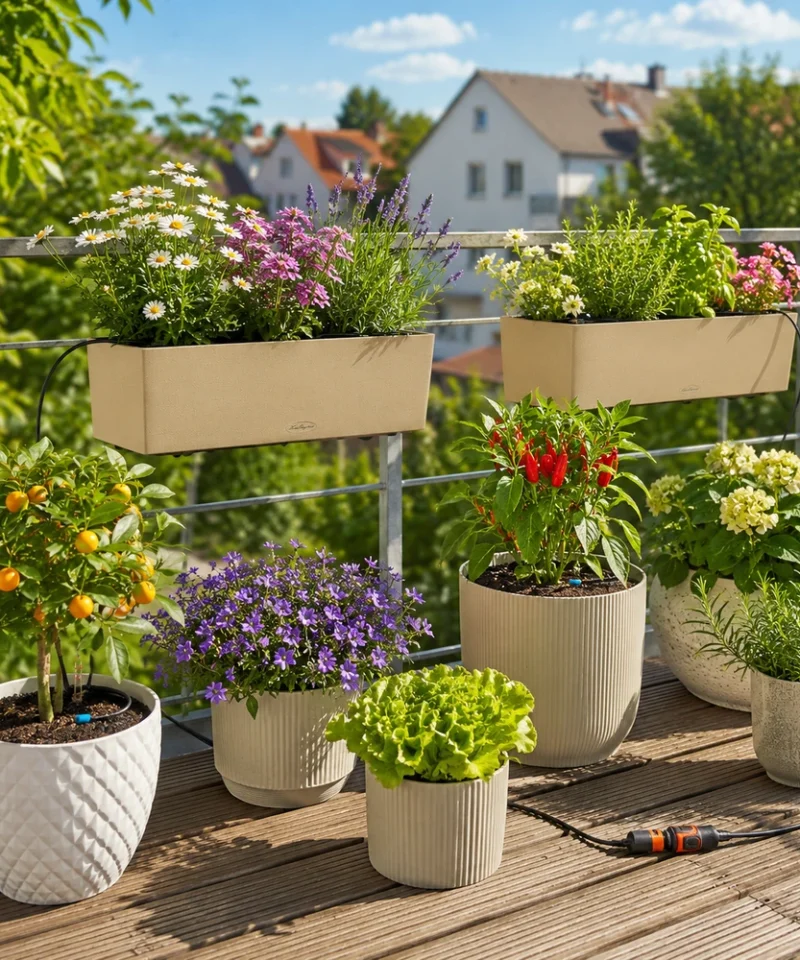 Gardena Micro-Drip sistem za avtomatsko zalivanje lončnic, cvetja in balkonskih korit na sončnem balkonu