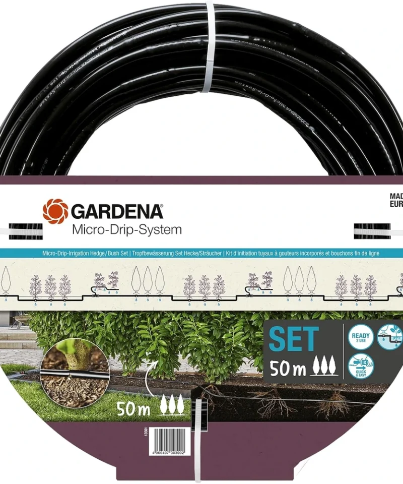 Gardena cev za zalivanje žive meje dolžine 50 m za učinkovito kapljično namakanje rastlin in grmovnic.