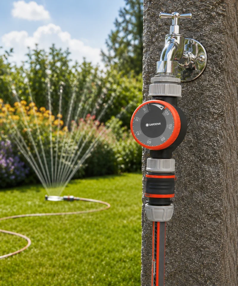 Gardena vrtni timer 1169-20 nameščen na vrtni pipi